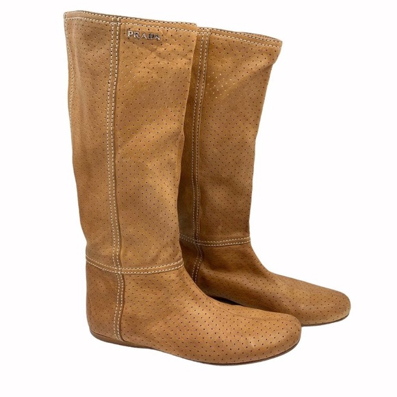Prada Sport Perforated Leather Mid Calf Flat Boots - Picture 1 of 16